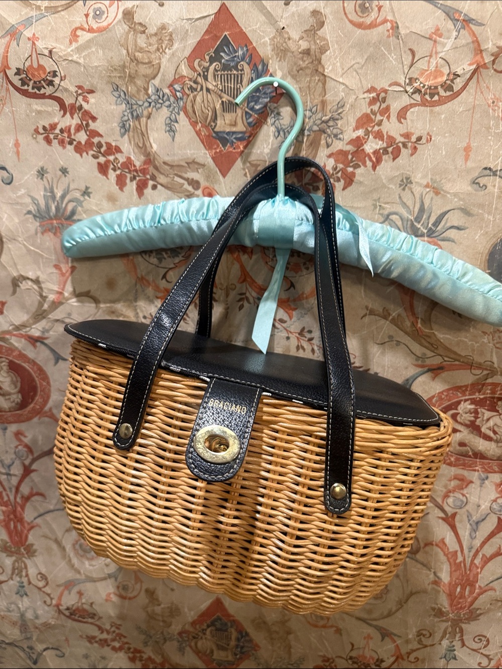 Braciano Tan Woven Tote with Black Trim and Handles